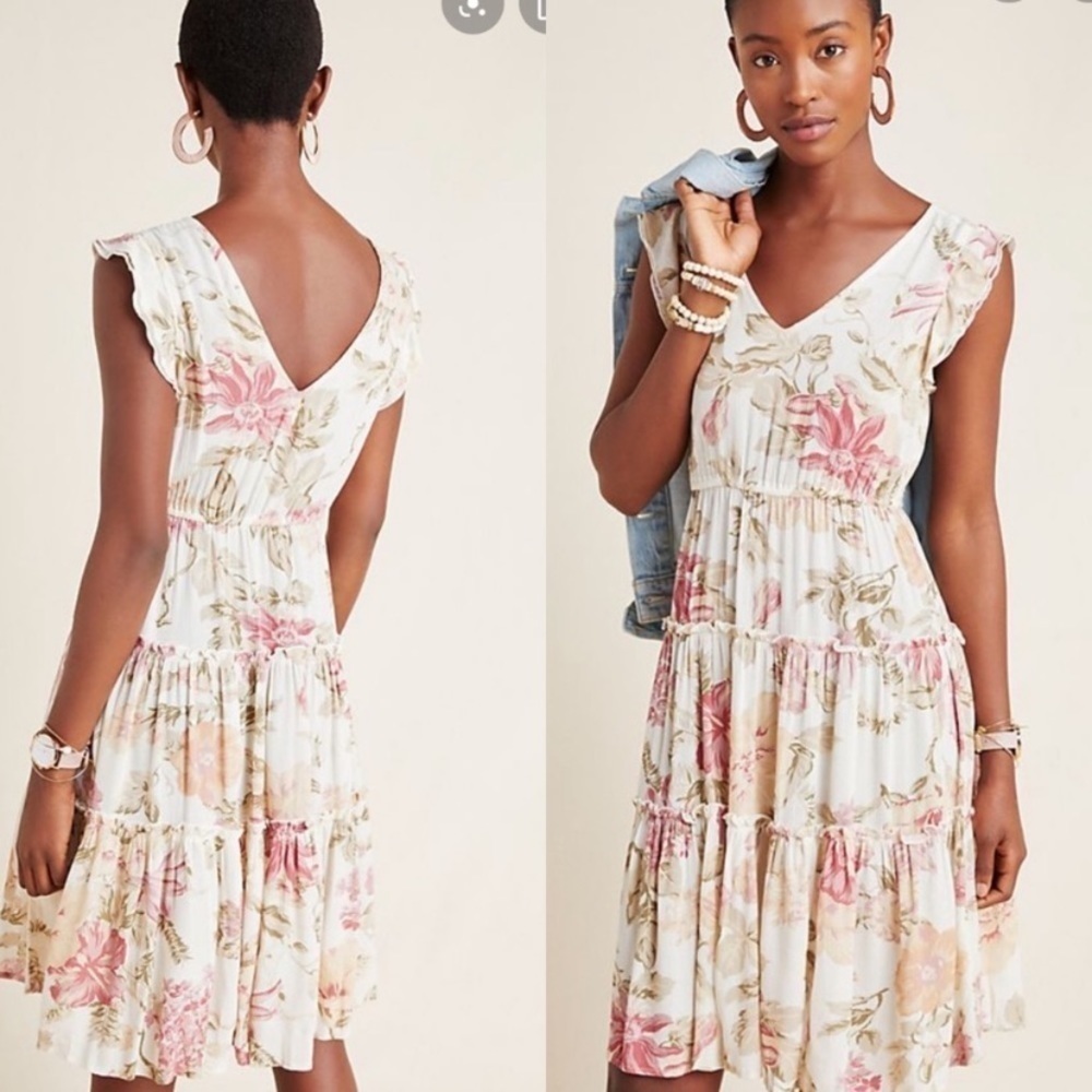 Anthropologie Frye Floral V neck Ruffle Mini Dress sz S